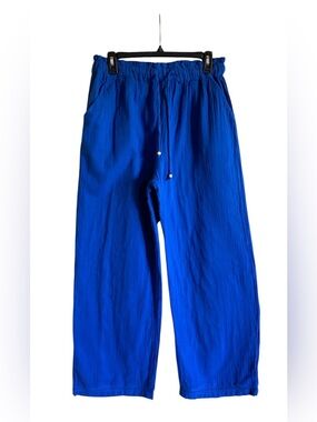 Women’s MANGO MNG Vibrant Blue Flowy Wideleg Drawstring Pants w/ pockets Size XL